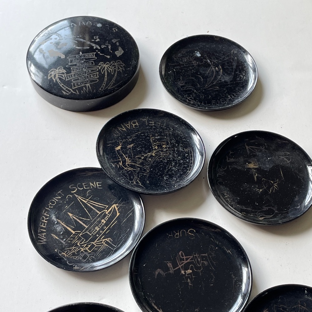 Vintage 1950s coasters set in box Black lacker Bahamas bar accessories